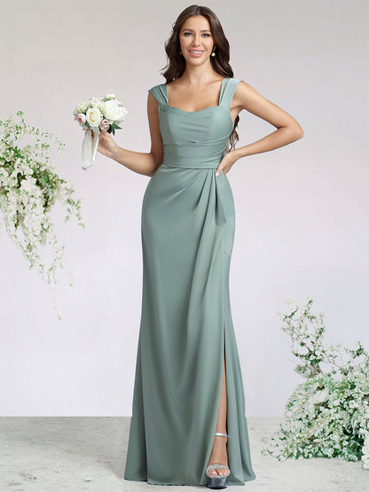 Sheath/Column Satin Bridesmaid Dresses For Wedding Square Neck Sleeveless Floor-Length With Side Split&Pleats