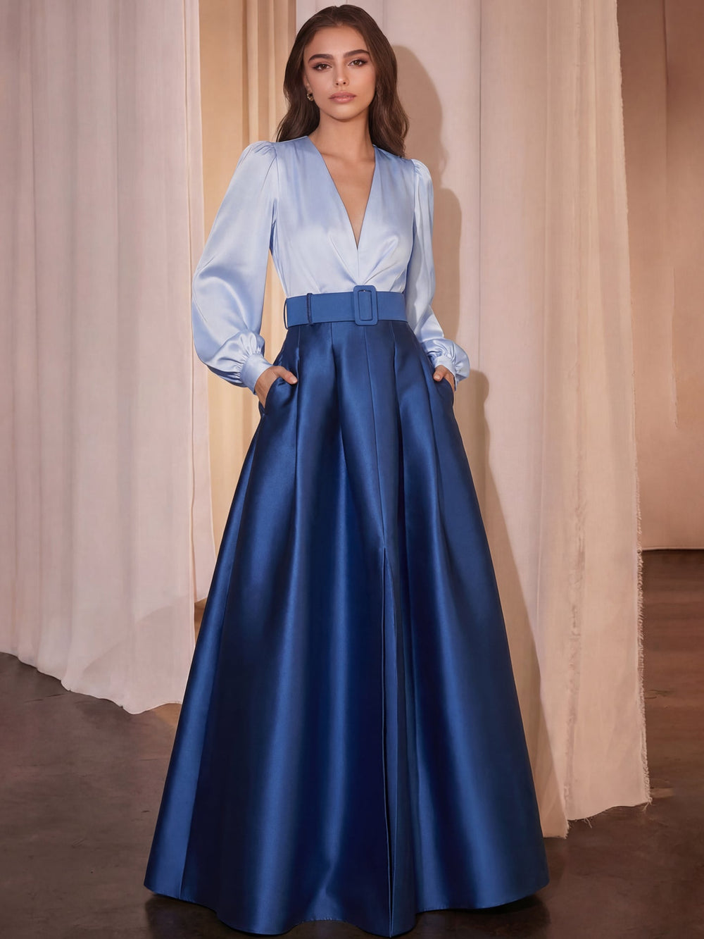 A-Line Evening Dress High Split Formal Gown Wedding Guest Floor Length Long Sleeve V Neck Belt / Sash Satin with Pleats Slit