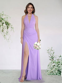 A-Line/Princess Chiffon Bridesmaid Dresses Wedding Dress Halter&Bow Sleeveless Floor-Length With Side Split&Pleats