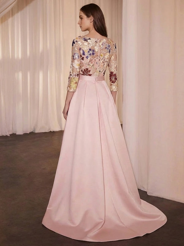 A-Line/Princess Cocktail Dress Floral Formal Dress Scoop 3/4 Sleeves Asymmetrical with Appliques Lace