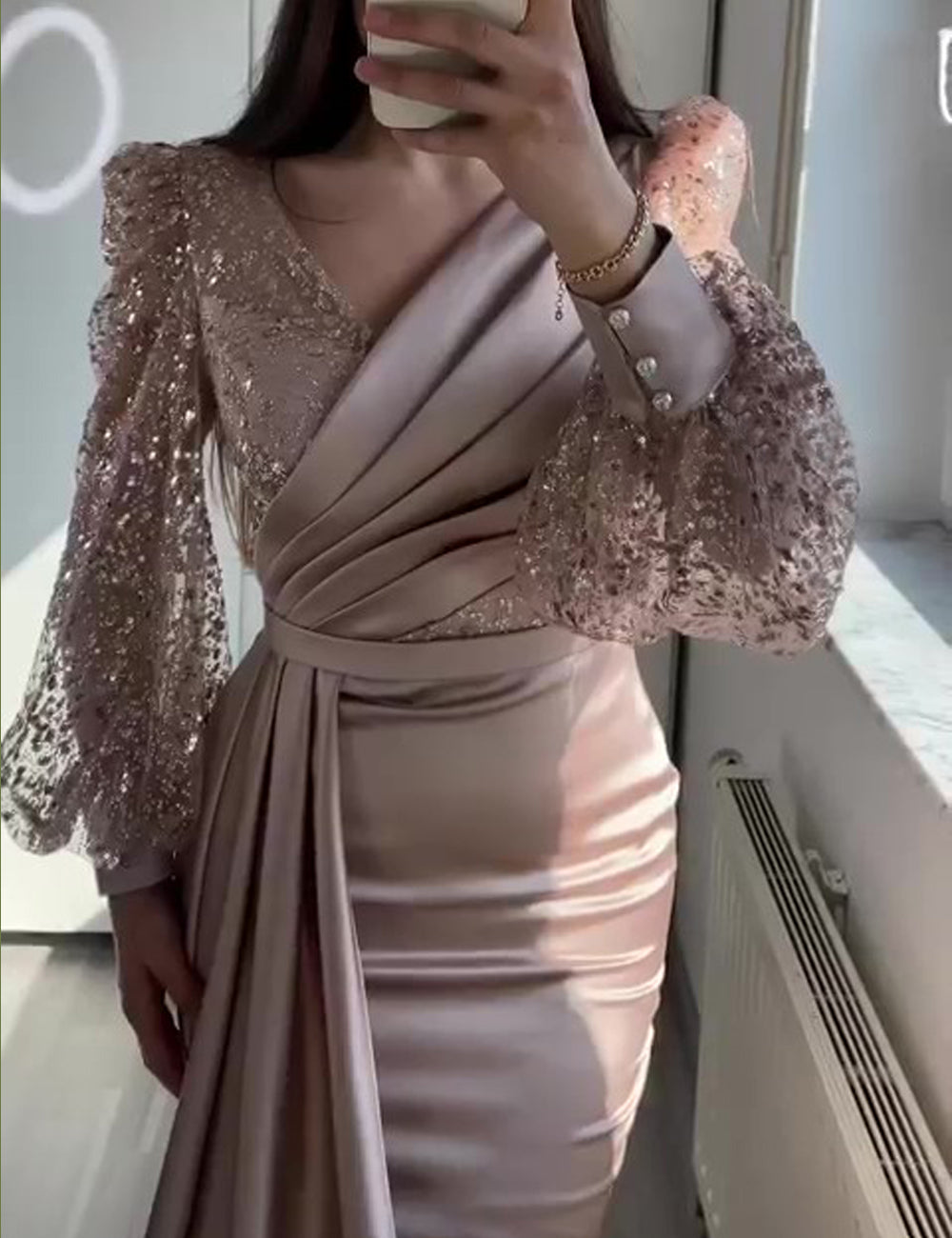 Mermaid Sequin Evening Gown Ruched Satin Dress Long Sleeves Floor Length V Neck with Sequins Overskirt Prom
