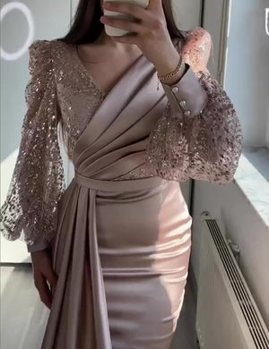 Mermaid Sequin Evening Gown Ruched Satin Dress Long Sleeves Floor Length V Neck with Sequins Overskirt Prom