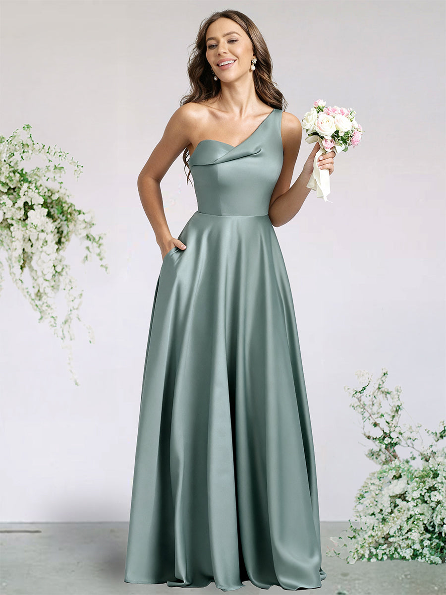 A-Line/Princess Satin Bridesmaid Wedding Dresses One-Shoulder Sleeveless Floor-Length With Pocket&Pleats