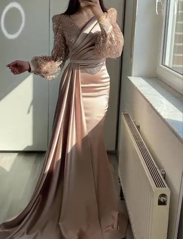 Mermaid Sequin Evening Gown Ruched Satin Dress Long Sleeves Floor Length V Neck with Sequins Overskirt Prom