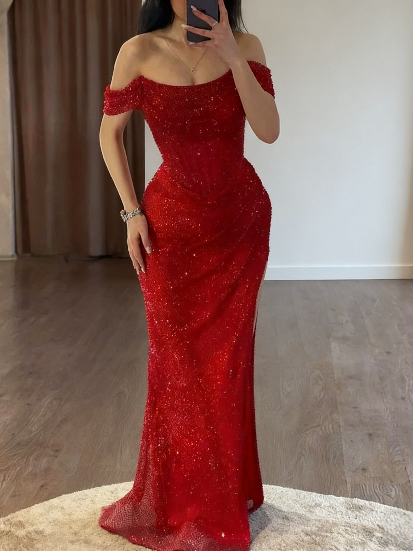 Sheath/Column Sequins Evening Dress Off-the-Shoulder Sleeveless Floor-Length Christmas Dress With High Side Split&Pleats