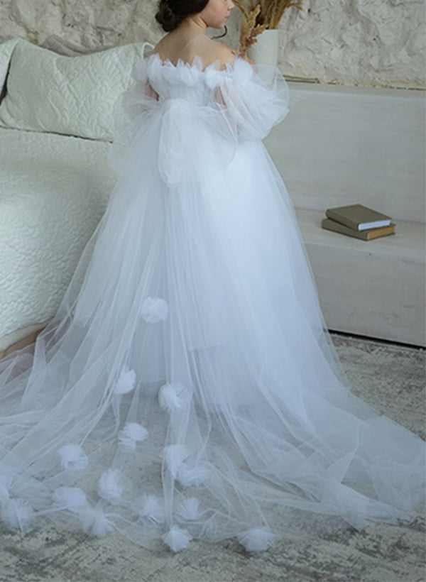 A-Line/Princess Off-the-shoulder Short Sleeves Floor Length Flower Girl Dresses with Pearls