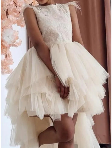 A-Line/Princess Asymmetrical High Low Flower Girl Dresses with Beading & Feather