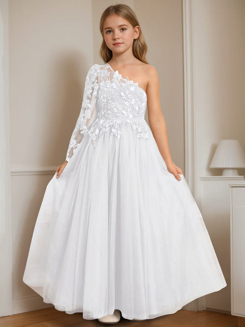 A-Line/Princess One-Shoulder Floor-Length Flower Girl Dress with Appliques