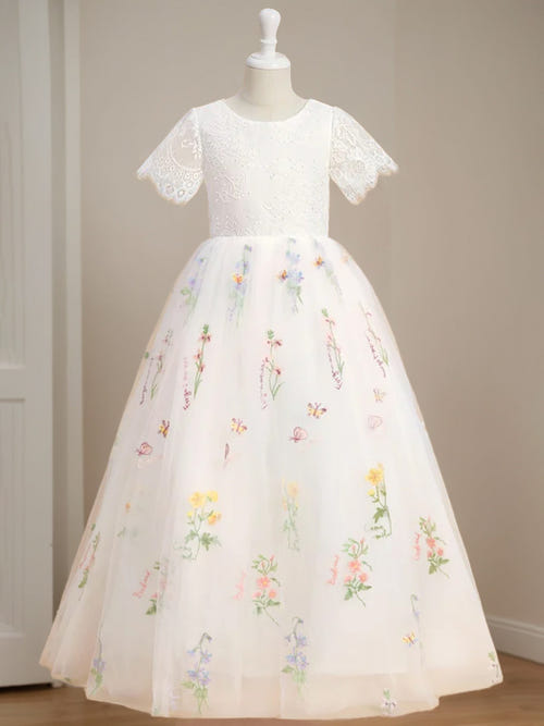 A-Line/Princess Scoop Neck Short Sleeves Floor-Length Flower Girl Dress with Lace
