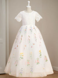 A-Line/Princess Scoop Neck Short Sleeves Floor-Length Flower Girl Dress with Lace