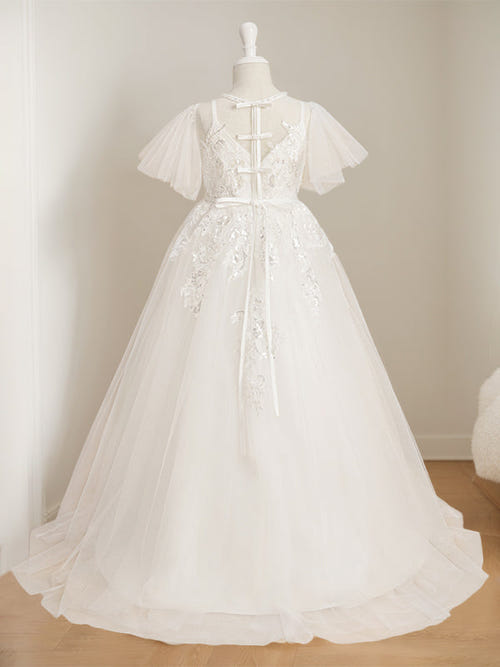 Ball-Gown Jewel Neck Short Sleeves Floor-Length Flower Girl Dress with Lace