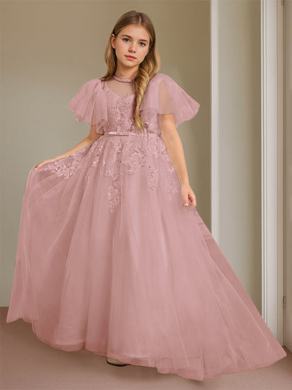 Ball-Gown Jewel Neck Short Sleeves Floor-Length Flower Girl Dress with Lace