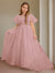 Ball-Gown Jewel Neck Short Sleeves Floor-Length Flower Girl Dress with Lace