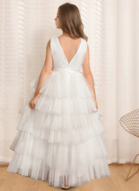 Ball-Gown V-Neck Sleeveless Floor-Length Flower Girl Dress With Ruffles