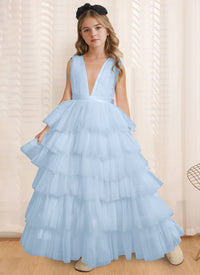Ball-Gown V-Neck Sleeveless Floor-Length Flower Girl Dress With Ruffles
