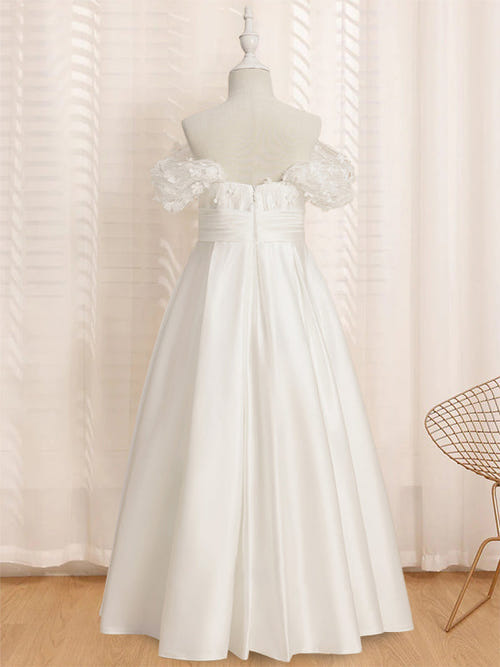 A-Line/Princess Off-the-Shoulder Short Sleeves Floor-Length Flower Girl Dress with Ruffles