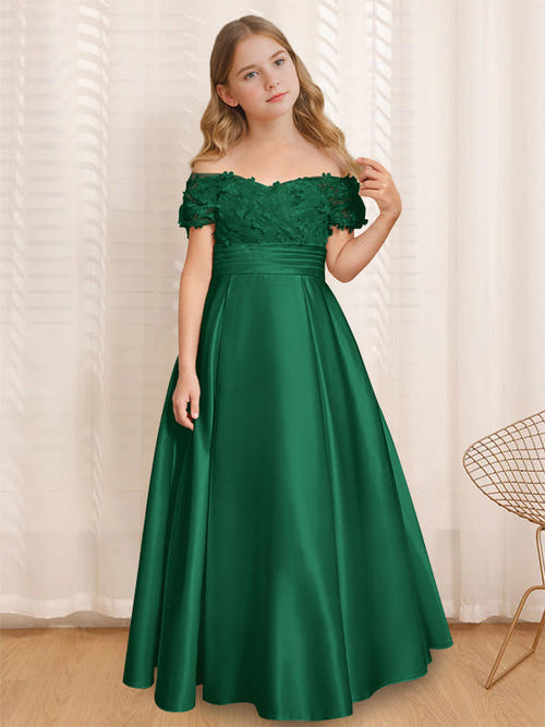 A-Line/Princess Off-the-Shoulder Short Sleeves Floor-Length Flower Girl Dress with Ruffles