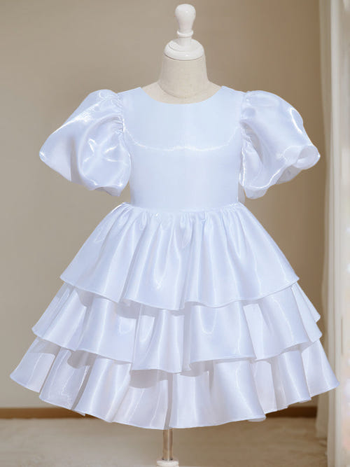 圆领短袖及膝花朵女童礼服带蝴蝶结