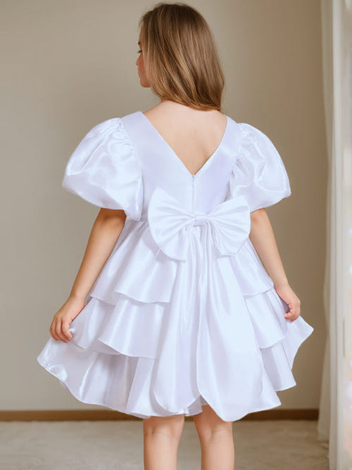 圆领短袖及膝花朵女童礼服带蝴蝶结