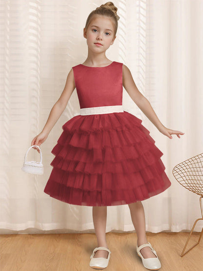 Ball-Gown Round Neck Sleeveless Knee-Length Flower Girl Dress with Ruffles & Bowknot