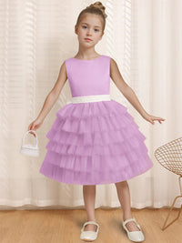 Ball-Gown Round Neck Sleeveless Knee-Length Flower Girl Dress with Ruffles & Bowknot