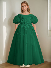 A-Line/Princess Off-the-Shoulder Ankle-Length Flower Girl Dress with Beads & 3D Flowers