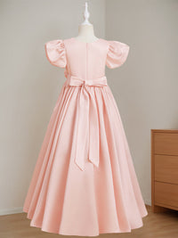 A-Line/Princess V-Neck Short Sleeves Floor-Length Flower Girl Dress with 3D Flowers