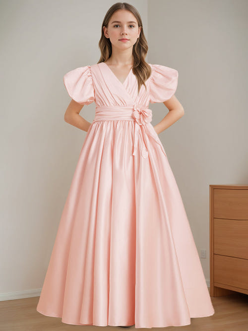 A-Line/Princess V-Neck Short Sleeves Floor-Length Flower Girl Dress with 3D Flowers