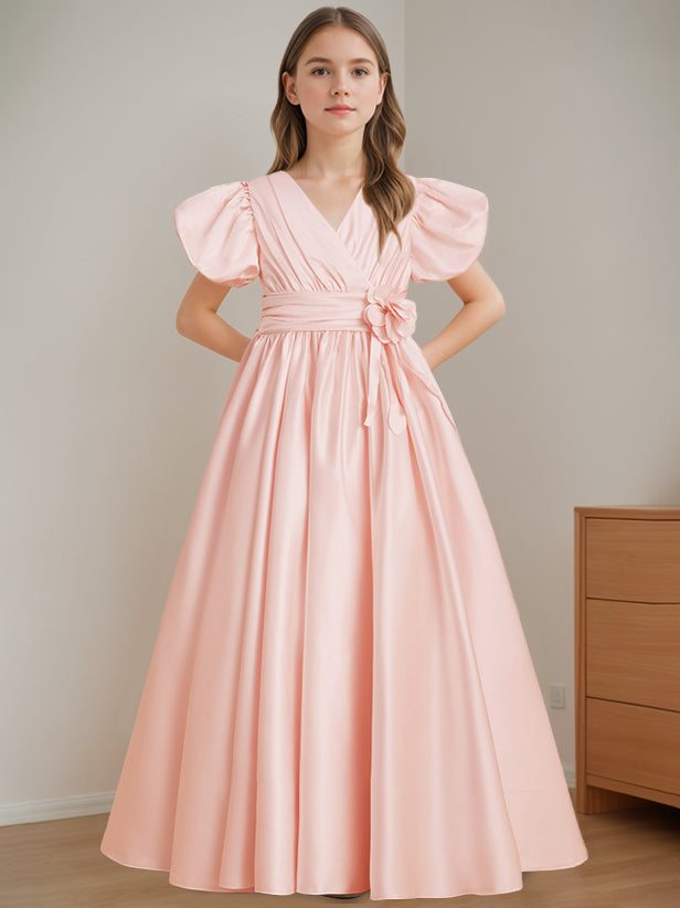 A字形/公主式V领短袖落地儿童礼服，带3D花朵