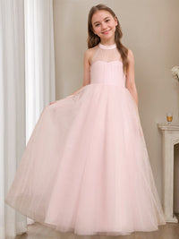 A-Line/Princess Halter Neck Sleeveless Floor-Length Flower Girl Dress with Bowknot