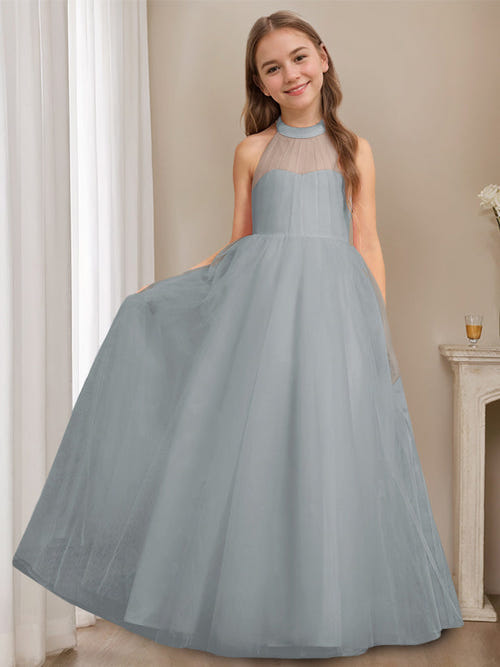 A-Line/Princess Halter Neck Sleeveless Floor-Length Flower Girl Dress with Bowknot