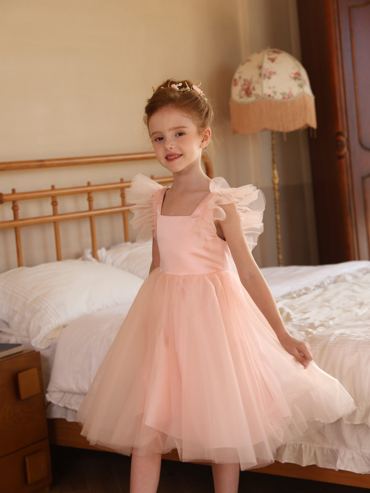 Ball-Gown Satin Tulle Square Neckline Sleeveless Tea-Length Flower Girl Dresses White Ruched