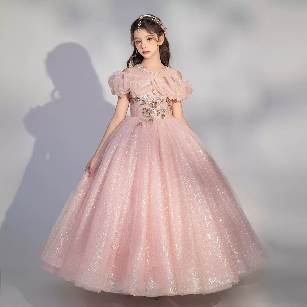 A-Line/Princess Off-the-shoulder Short Sleeves Floor Length Flower Girl Dresses with Pearls