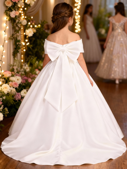 Ball Gown Flower Girl Dresses Satin Birthday Dresses Off-the-Shoulder Sleeveless Sweep/Brush Train Party Dresses With Bow