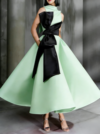 舞会礼服高领鸡尾酒裙及踝拼色优雅蝴蝶结晚礼服