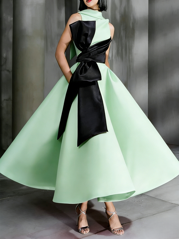 Ball Gown High Neck Cocktail Dresses Ankle-Length Color Block Elegant Formal Gown with Bowknot