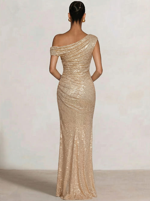 Mermaid Evening Dresses Sequins Wedding Guest Dresses One Shoulder Short Sleeves Floor Length Sequins Formal Ruched