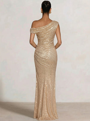 Mermaid Evening Dresses One Shoulder Short Sleeves Floor Length SequinsFormal Ruched Wedding Gues