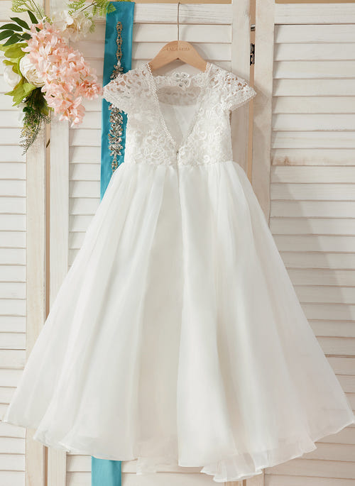 A-line Lace Organza Ankle-length Ivory Flower Girl Dress