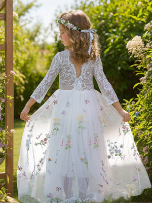 Floral Lace Embroidered Tulle A-Line Full-Length Garden Flower Girl Dress