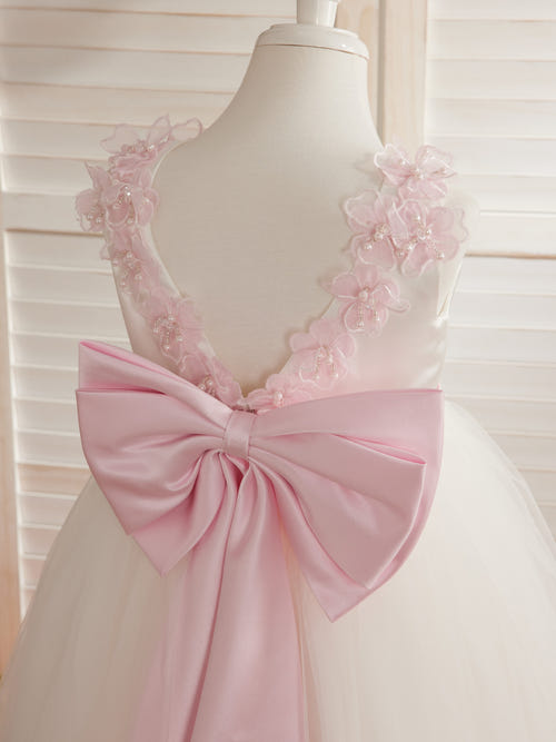 舞会礼服/公主款 3D花朵薄纱及地象牙色花童礼服