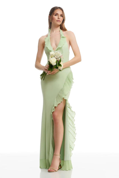 A-Line/Princess Chiffon Bridesmaid Dresses Floor-Length Halter&V-Neck Sleeveless Back Zipper Wedding Guest Dresses With Side Slit&Ruffle
