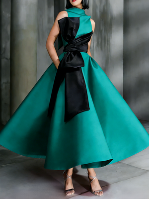Ball Gown High Neck Cocktail Dresses Ankle-Length Color Block Elegant Formal Gown with Bowknot
