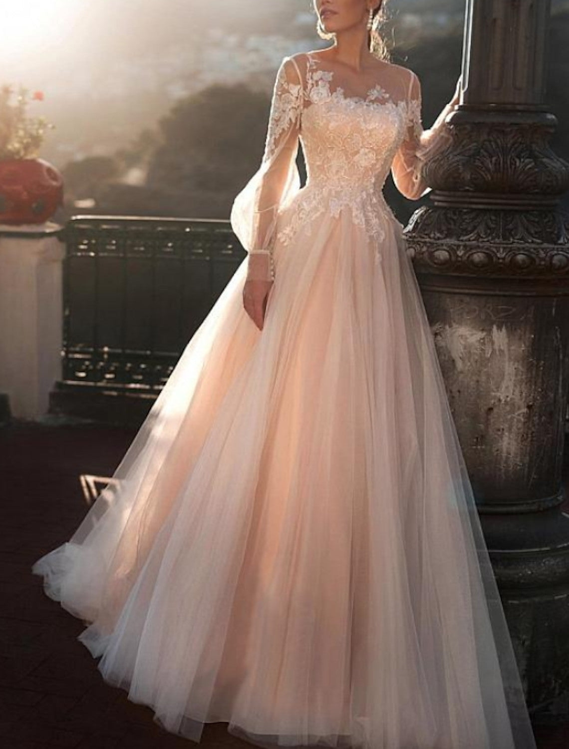 Tulle Bridal Wedding Dresses 2026 for Women A-Line Long Sleeves Floor-Length Elegant Formal Wedding Gowns with Appliques