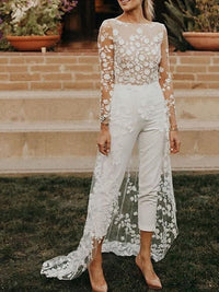 Long Sleeves Scoop Wedding Pant Suit Styles with Flower