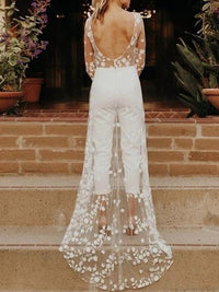 Long Sleeves Scoop Wedding Pant Suit Styles with Flower