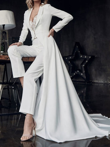 Long Sleeves Sweetheart Wedding Jumpsuit with Lace Appliques