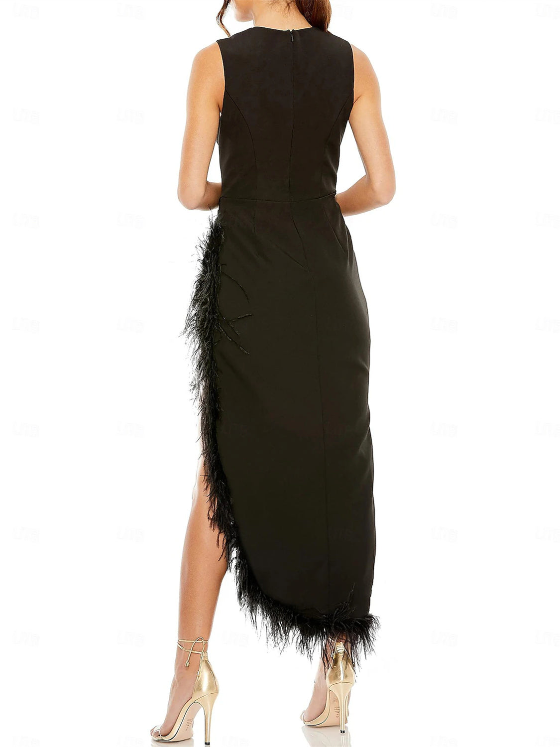 Asymmetrical Tea Length sleeveless Jewel Neck Wedding Guest Dresses Formal Cocktail Party  Stretch Chiffon with Feather