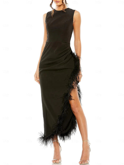 Asymmetrical Tea Length sleeveless Jewel Neck Wedding Guest Dresses Formal Cocktail Party  Stretch Chiffon with Feather