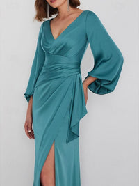 A-Line/Princess Floor Length Long Sleeve V Neck Wedding Guest Dresses Tie Charmeuse with Ruched
